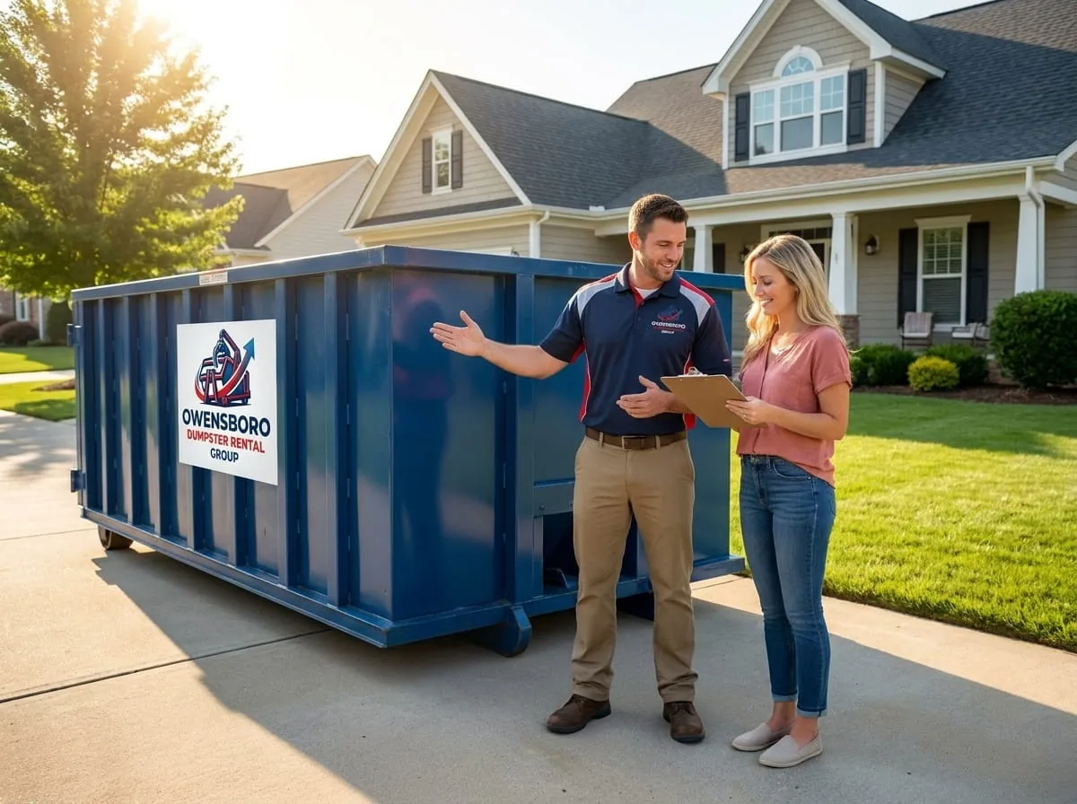 Roll-off dumpster with boards protecting an Owensboro driveway